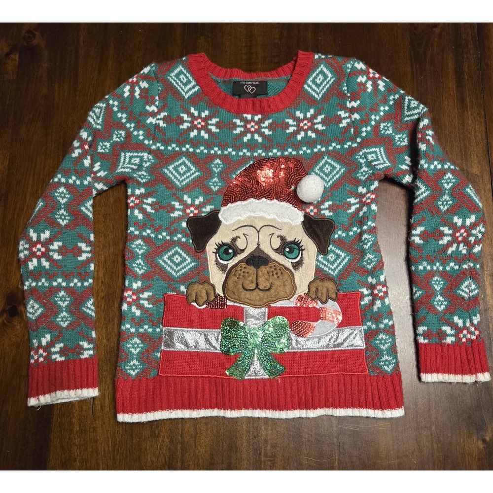 It's Our Time Holiday Sweater Puppy Dog Christmas Acrylic Green‎ Girls Medium